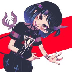 Rule 34 | 1girl, arakiinochi, black dress, black hair, blue hair, blush, commentary request, cowboy shot, demon girl, demon horns, demon tail, dress, eye hair ornament, eye of providence, fang, flat chest, head tilt, highres, horns, jewelry, looking at viewer, medium hair, multicolored hair, nanashi inc., official alternate costume, open mouth, pointy ears, red background, red eyes, ring, shishio chris, shishio chris (3rd costume), side ponytail, smile, solo, sugar lyric, tail, two-tone background, two-tone hair, virtual youtuber, white background, wristband