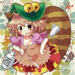 Rule 34 | 1girl, animal ears, bell, brown eyes, brown hair, futatsuiwa mamizou, glasses, gourd, hands on own hips, hat, leaf, leaning forward, lowres, natane tsuyu, notepad, pince-nez, raccoon ears, raccoon tail, smile, solo, tail, touhou