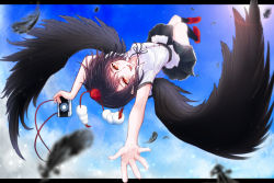 Rule 34 | 1girl, arms up, belt, bird wings, black hair, black socks, black wings, breasts, buttons, camera, cloud, day, feathers, flying, hat, kneehighs, lens flare, letterboxed, looking at viewer, medium breasts, nuka (nvkka), nvkka, open mouth, outstretched hand, pom pom (clothes), red eyes, shameimaru aya, shirt, shoes, short hair, short sleeves, sky, smile, socks, solo, tokin hat, touhou, upside-down, white shirt, wings
