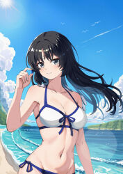 Rule 34 | 1girl, absurdres, alternate costume, beach, bikini, black hair, blue gemstone, blue sky, body blush, breasts, chinese commentary, cleavage, cloud, collarbone, commentary, facial mark, feather hair, forehead, forehead mark, front-tie bikini top, front-tie top, gem, grey eyes, groin, highres, holding, holding gem, island, large breasts, lens flare, li alter, light blush, linea alba, long hair, looking at viewer, navel, ocean, outdoors, parted bangs, parted lips, shoulder blush, sideways glance, simple bird, sky, smile, solo, stomach, sun, swimsuit, tacet mark (wuthering waves), upper body, waves, white bikini, wuthering waves, yangyang (wuthering waves)