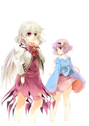 Rule 34 | 2girls, adapted costume, angel wings, bare legs, beige jacket, blouse, blue shirt, bow, breasts, brooch, clothes lift, collar, covering own mouth, dress, floral print, frilled collar, frilled shirt collar, frills, from behind, grey hair, hairband, heart, highres, hip focus, jacket, jewelry, kishin sagume, kneepits, knees, komeiji satori, legs, long sleeves, looking at viewer, medium breasts, miniskirt, multiple girls, pink skirt, purple hair, purple shirt, purple skirt, red eyes, red pupils, rose print, shirt, short hair, simple background, single wing, skirt, skirt lift, smile, thighs, touhou, usuusu, wavy hair, white background, wings