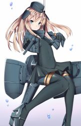 Rule 34 | 10s, 1girl, aiming, aiming at viewer, bad id, bad pixiv id, black legwear, blonde hair, blue eyes, blush, bubble, covered navel, cropped jacket, garrison cap, gun, hair ornament, handgun, hat, highres, holding, holding gun, holding weapon, kantai collection, long hair, looking at viewer, machinery, military, military uniform, pistol, snm (sunimi), solo, u-511 (kancolle), uniform, weapon