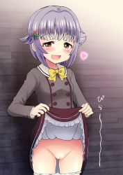 Rule 34 | 1girl, black skirt, blush, bow, brown eyes, cleft of venus, clothes lift, cowboy shot, female focus, heart, highres, idolmaster, idolmaster cinderella girls, koshimizu sachiko, lifting own clothes, long sleeves, open mouth, panties, panty pull, purple hair, pussy, qm, skirt, skirt lift, solo, standing, uncensored, underwear, wall, white panties
