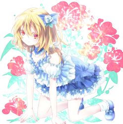 Rule 34 | 1girl, all fours, alternate costume, bare shoulders, blonde hair, bobby socks, detached collar, detached sleeves, female focus, flandre scarlet, floral background, hair ribbon, highres, layered skirt, no headwear, no headwear, no wings, red eyes, ribbon, riichu, shoes, short hair, skirt, skirt set, smile, socks, solo, touhou, white socks