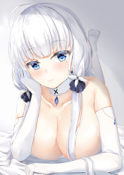 Rule 34 | 1girl, armlet, azur lane, blue eyes, blue gemstone, blush, breasts, choker, cleavage, collarbone, elbow gloves, foot up, gem, gloves, hair ornament, hair ribbon, head on hand, head tilt, highres, illustrious (azur lane), kanata (kanade pa), large breasts, long hair, looking at viewer, lying, mole, mole under eye, on stomach, ribbon, smile, solo, topless, white gloves, white hair