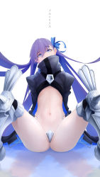 1girl armor ass blue_eyes crotch_plate fate/extra fate/extra_ccc fate_(series) flat_chest greaves highres knees_up long_hair looking_at_viewer meltryllis_(fate) navel noir_(4chan) prosthesis prosthetic_leg purple_hair revision shrug_(clothing) simple_background sitting solo spread_legs translation_request turtleneck white_background