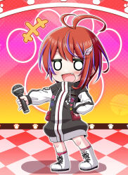 Rule 34 | +++, 1girl, :d, akane canna, antenna hair, black jacket, blank eyes, blush, boots, checkered floor, commentary request, fang, full body, holding, holding microphone, jacket, lapel pin, long sleeves, looking at viewer, microphone, miso panda, multicolored hair, nanashi inc., open mouth, paw print, paw print background, pinky out, pocket, purple hair, red hair, short hair, smile, solo, streaked hair, striped clothes, striped jacket, two-tone hair, virtual youtuber, white footwear, white jacket, wing hair ornament, zipper