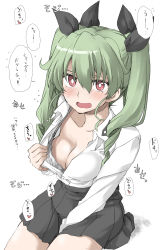 Rule 34 | 1girl, anchovy (girls und panzer), anzio school uniform, between legs, black ribbon, blush, bra, breasts, cleavage, cleavage reach, collarbone, downblouse, drill hair, elf (stroll in the woods), girls und panzer, green hair, hair between eyes, hand between legs, highres, lace, lace-trimmed bra, lace trim, medium breasts, open clothes, red eyes, ribbon, school uniform, self exposure, solo, spoken blush, strap slip, sweat, translation request, twin drills, twintails, underwear, white background, white bra