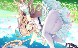 Rule 34 | angel wings, azma (mitch55), blue sky, brown hair, character request, cloud, detached collar, detached sleeves, dress, field, flower, flower field, frilled dress, frills, green eyes, hair ribbon, hairband, long hair, long sleeves, official art, pantyhose, petals, puffy long sleeves, puffy sleeves, ribbon, sky, sparkle, staff, twinkle star knights, upside-down, white pantyhose, wings