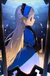 Rule 34 | 1girl, absurdres, bars, black gloves, blue dress, book, butterfly hair ornament, chain, dress, frilled hairband, frills, gloves, grey hair, grin, hair ornament, hairband, highres, holding, holding book, lavenza (persona 5), long hair, looking at viewer, no 842, persona, persona 5, sideways glance, smile, solo, standing, very long hair, yellow eyes