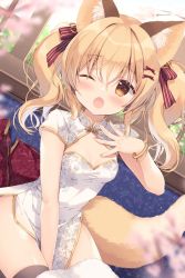 Rule 34 | 1girl, animal ears, bare arms, blonde hair, blush, bracelet, breasts, china dress, chinese clothes, collared dress, couch, dog ears, dog tail, dress, hair ornament, hair ribbon, hairclip, highres, jewelry, looking at viewer, miyasaka miyu, one eye closed, open mouth, original, ribbon, tail, thighs, twintails, window