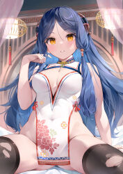 Rule 34 | 1girl, andychen, bare shoulders, blue hair, blush, breasts, character request, china dress, chinese clothes, covered navel, dress, hair ornament, highres, horns, large breasts, long hair, looking at viewer, parted bangs, parted lips, solo, spread legs, thighhighs, torn clothes, torn thighhighs, virtual youtuber, yellow eyes