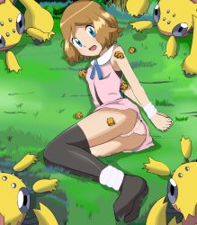 Rule 34 | 1girl, ass, bare shoulders, blue eyes, blush, bound, breast sucking, breasts, bug, clothes lift, creatures (company), dress, evolutionary line, galvantula, game freak, gen 5 pokemon, grass, hgm (cjh4563), highres, imminent rape, joltik, light brown hair, nintendo, on grass, open mouth, outdoors, panties, pokemon, pokemon (anime), pokemon (creature), pokemon xy (anime), pokephilia, restrained, serena (pokemon), short hair, size difference, skirt, skirt lift, sleeveless, sleeveless dress, small breasts, spider, tears, thighhighs, tied up, underwear