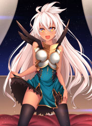 Rule 34 | 10s, 1girl, :d, armor, armored dress, black thighhighs, breastplate, curtains, dark-skinned female, dark skin, dress, granblue fantasy, hand on own thigh, healther, long hair, looking at viewer, night, night sky, open mouth, skirt hold, sky, smile, solo, thighhighs, very long hair, white hair, yellow eyes, zooey (granblue fantasy)