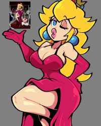 Rule 34 | 1girl, bare shoulders, blonde hair, breasts, cleavage, crown, dress, earrings, elbow gloves, evening gown, eyelashes, gloves, grey background, half-closed eye, hand on own hip, hand up, highres, jewelry, large breasts, leg up, legendofnerd, lips, long hair, looking at viewer, mario (series), nintendo, one eye closed, open hand, pink lips, princess peach, puckered lips, purple dress, purple gloves, raised eyebrow, reference inset, shiny skin, side slit, simple background, solid eyes, standing, standing on one leg, super mario all stars, thick lips, thighs, unfinished