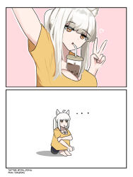 Rule 34 | 1girl, 2koma, animal ear fluff, animal ears, arknights, bendy straw, braid, breast envy, bubble tea, bubble tea challenge, cheating (competitive), comic, cup, drink, drinking, drinking straw, drinking straw in mouth, highres, horse ears, horse girl, knee boobs, meme, object on breast, pixiv username, platinum (arknights), selfie, shirt, side braids, simple background, sitting, solo, t-shirt, tofudofu, twitter username, v