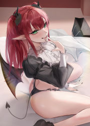 Rule 34 | 1girl, absurdres, ass, bag, bed, black nails, black panties, blush, cosplay, crop top, demon girl, demon horns, demon tail, fangs, fingernails, fingers to mouth, frills, from above, from side, green eyes, hand up, highres, horns, kitagawa marin, long hair, long sleeves, looking at viewer, mookie (e mook9), nail polish, on bed, open mouth, panties, pointy ears, red hair, rizu-kyun, sitting, smile, solo, sono bisque doll wa koi wo suru, tail, thighs, two side up, underwear, wariza