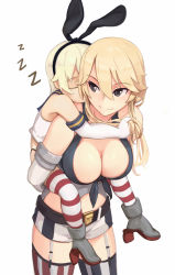Rule 34 | 10s, 2girls, bare shoulders, belt, black eyes, blonde hair, breasts, carrying, cleavage, closed eyes, elbow gloves, fang xue jun, front-tie top, garter straps, gloves, hair between eyes, hairband, highres, iowa (kancolle), kantai collection, large breasts, long hair, midriff, miniskirt, multiple girls, piggyback, shimakaze (kancolle), simple background, skirt, sleeping, smile, star-shaped pupils, star (symbol), striped clothes, striped legwear, striped thighhighs, symbol-shaped pupils, thighhighs, unworn headgear, white background, white gloves, zzz