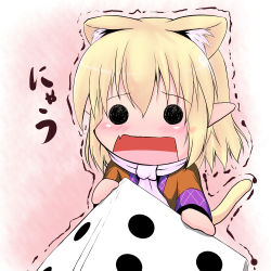 Rule 34 | 1girl, animal ears, arm warmers, blonde hair, blush, cat ears, cat girl, cat tail, chibi, dice, extra ears, fang, female focus, hoshizuki (seigetsu), kemonomimi mode, mizuhashi parsee, open mouth, pointy ears, puru-see (hoshizuki (seigetsu)), scarf, short hair, solo, tail, touhou, trembling