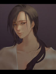 Rule 34 | 1boy, banana fish, bishounen, brown background, brown hair, crowdoll, facing viewer, highres, lee yue-lung, letterboxed, long hair, male focus, ponytail, simple background, solo, upper body
