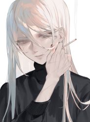 Rule 34 | 1boy, absurdres, black sweater, blood, blood on face, cigarette, grey eyes, hair between eyes, hand up, highres, holding, holding cigarette, long hair, long sleeves, male focus, mizumi zumi, original, pale skin, portrait, scar, scar across eye, scar on arm, scar on face, scar on hand, scar on mouth, silver hair, simple background, solo, sweater, white background