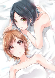 Rule 34 | 10s, 2girls, aftersex, back, bad id, bad pixiv id, bare arms, bare back, bare shoulders, bed, bed sheet, black hair, blanket, blush, breasts, brown eyes, brown hair, closed mouth, couple, covering privates, female focus, hayami kanade, highres, honda mio, idolmaster, idolmaster cinderella girls, lips, looking at viewer, lying, medium breasts, multiple girls, murabito c, neck, nude, nude cover, on back, on bed, on stomach, parted lips, short hair, smile, under covers, upper body, yellow eyes, yuri