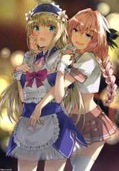 Rule 34 | 2boys, androgynous, astolfo (fate), astolfo (sailor paladin) (fate), blonde hair, blue eyes, blurry, blush, bokeh, braid, chevalier d&#039;eon (fate), depth of field, fang, fate/grand order, fate (series), hair intakes, hair ribbon, long hair, maid, maid headdress, multiple boys, navel, official alternate costume, open mouth, pantyhose, pink hair, purple eyes, ribbon, single braid, smile, somechime (sometime1209), thighhighs, trap
