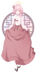Rule 34 | 1girl, absurdres, alternate costume, amerika neko, black footwear, blue archive, blush, chima (clothes), feathers, full body, hair bun, halo, hanbok, highres, jeogori (clothes), korean clothes, looking at viewer, open mouth, pink eyes, pink hair, serina (blue archive), shoes, short hair, single side bun, smile, socks, solo, white socks, yellow halo
