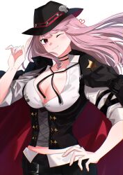 Rule 34 | 1girl, absurdres, adjusting clothes, black choker, black jacket, breasts, chaps, choker, cleavage, corset, cowboy hat, cowboy western, hat, hat ornament, heart, highres, hololive, hololive english, jacket, jacket on shoulders, kiko (kikobooom), large breasts, long hair, low-cut, mori calliope, mori calliope (sheriff), official alternate costume, one eye closed, pink eyes, pink hair, sheriff badge, sidelocks, sitting, skull hat ornament, very long hair, virtual youtuber
