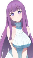 Rule 34 | 1girl, absurdres, bare shoulders, breasts, breasts squeezed together, bright pupils, closed mouth, commentary request, dress, expressionless, fern (sousou no frieren), frilled dress, frills, grey background, highres, large breasts, long hair, looking at viewer, purple eyes, purple hair, ryokuchabushi, sideboob, simple background, sleeveless, sleeveless dress, solo, sousou no frieren, straight hair, upper body, very long hair, white dress