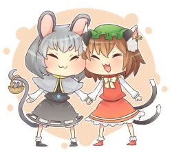 Rule 34 | 2girls, :3, animal ears, basket, bow, brown hair, capelet, cat ears, cat tail, cheek-to-cheek, chen, chibi, closed eyes, commentary request, dress, earrings, fang, gem, green hat, grey dress, grey hair, hat, heads together, holding hands, ibaraki natou, jewelry, long sleeves, mob cap, mouse (animal), mouse ears, mouse tail, multiple girls, multiple tails, nazrin, necklace, nekomata, open mouth, pendant, red dress, short hair, simple background, single earring, smile, socks, tail, touhou, two tails, yellow bow