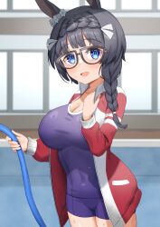 Rule 34 | 1girl, animal ears, black hair, blue eyes, blurry, blurry background, blush, bow, braid, breasts, cleavage, collarbone, cowboy shot, crown braid, ear ribbon, factory314, hair over shoulder, highres, horse ears, horse girl, hose, jacket, large breasts, long hair, long sleeves, looking at viewer, navel, one-piece swimsuit, open mouth, pool, school swimsuit, side braid, smile, solo, swimsuit, taut clothes, taut swimsuit, umamusume, zenno rob roy (umamusume)