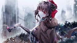 Rule 34 | 1girl, absurdres, blush, bow, bridal gauntlets, brown coat, brown hair, closed mouth, coat, coat on shoulders, floral print, flower, from side, fur collar, goddess of victory: nikke, hair bow, hair flower, hair intakes, hair ornament, hair stick, hand tattoo, highres, holding, holding smoking pipe, japanese clothes, kanzashi, kimono, llg lailing, looking at viewer, nail, pink nails, red bow, red eyes, sakura (nikke), sidelocks, smile, smoke, smoking pipe, solo, tattoo, upper body, wide sleeves