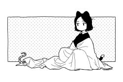 Rule 34 | 1girl, akai sashimi, animal ears, blanket, border, cat ears, cat girl, cat tail, expressionless, framed, greyscale, looking away, looking to the side, messy hair, monochrome, no nose, original, outside border, parted bangs, polka dot, polka dot background, short hair, signature, solo, tail, tentacles