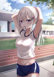 Rule 34 | 1girl, ahoge, arms behind head, arms up, bare arms, blue eyes, blue shorts, breasts, cowboy shot, crop top, day, gym uniform, hair ornament, hair tie in mouth, hairclip, highres, long hair, looking at viewer, medium breasts, midriff, mouth hold, navel, original, outdoors, ponytail, shirt, short shorts, short sleeves, shorts, sidelocks, smile, solo, standing, stomach, touhourh, track and field, white hair, white shirt