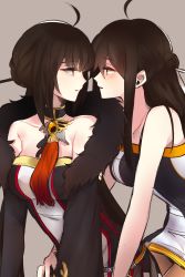 Rule 34 | 2girls, absurdres, ahoge, ara haan, ara han, bad id, bad pixiv id, bare shoulders, black gloves, black hair, blush, brooch, brown background, choker, dual persona, elbow gloves, elsword, face-to-face, gloves, hair ornament, hair stick, highres, imminent kiss, jewelry, long hair, looking at another, maybecrosswise, multiple girls, open mouth, sakra devanam (elsword), selfcest, upper body, yama raja (elsword), yellow eyes, yuri
