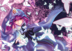Rule 34 | 1girl, bad id, bad pixiv id, bug, butterfly, face, female focus, from above, hat, bug, japanese clothes, kimono, open hand, outstretched arm, pink eyes, pink hair, saigyouji yuyuko, short hair, skade, solo, touhou