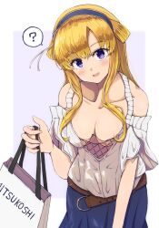 Rule 34 | !, 1girl, bag, blonde hair, blue eyes, blue hairband, blue skirt, breasts, cleavage, collarbone, commentary request, double bun, dress, fletcher (kancolle), hair bun, hairband, highres, kantai collection, large breasts, ld (luna dial398), long hair, official alternate costume, shirt, shopping bag, skirt, solo, spoken exclamation mark, white dress, white shirt