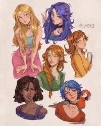 Rule 34 | 6+girls, abigail (stardew valley), animal, animal on shoulder, bird, bird on shoulder, blonde hair, blue hair, book, breasts, brown hair, cropped legs, cropped torso, dark-skinned female, dark skin, emily (stardew valley), glasses, green shirt, grin, haley (stardew valley), hands on own knees, highres, holding, holding book, leah (stardew valley), lips, looking at viewer, looking to the side, lumorie, maru (stardew valley), medium breasts, multiple girls, nail polish, object behind ear, orange hair, parrot, pencil, pencil behind ear, penny (stardew valley), pink skirt, purple hair, shirt, skirt, smile, stardew valley, tongue, tongue out, v, yellow shirt