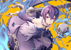 Rule 34 | 1girl, bare shoulders, chain, collar, detached sleeves, hair between eyes, highres, holding, holding sword, holding weapon, horns, princess connect!, purple hair, red eyes, shinobu (princess connect!), short hair, skull, solo, sword, torn clothes, weapon, yellow background, yoshino ryou