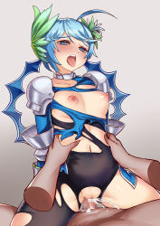 Rule 34 | 1boy, 1girl, blue eyes, blue hair, breasts, censored, cum, cum in pussy, fire emblem, grey background, hair ornament, hetero, kaorihero, mosaic censoring, nintendo, nipples, open mouth, penis, pussy, sex, short hair, simple background, small breasts, solo focus, tokyo mirage sessions fe, tongue, tongue out, torn clothes, vaginal, yumizuru eleanora