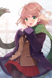 Rule 34 | 1girl, :d, black pantyhose, black shirt, blush, brown jacket, chain-link fence, coat, commentary request, cowboy shot, fence, fingers together, green eyes, green scarf, hair ornament, highres, indie virtual youtuber, jacket, light brown hair, long sleeves, looking at viewer, open clothes, open coat, open mouth, pantyhose, pleated skirt, pom pom (clothes), pom pom hair ornament, purple coat, red skirt, scarf, school uniform, shigure ui, shigure ui (vtuber), shirt, skirt, sleeves past wrists, smile, solo, steepled fingers, virtual youtuber