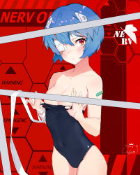 Rule 34 | 1girl, ayanami rei, bandages, bare arms, bare shoulders, blue hair, blue one-piece swimsuit, breasts, censored, censored nipples, cleavage, closed mouth, collarbone, commentary, covered navel, cowboy shot, fingernails, hair between eyes, highres, jiujiuyatou (yayanzz), legs together, looking at viewer, medium breasts, neon genesis evangelion, old school swimsuit, one-piece swimsuit, red background, red eyes, school swimsuit, shiny skin, short hair, signature, solo, standing, swimsuit