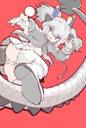 Rule 34 | 1girl, ahoge, animal ears, arm up, ass, blonde hair, boots, dragon ears, dragon girl, dragon horns, dragon tail, fangs, fingerless gloves, gloves, grey gloves, grey hair, grey shirt, grey skirt, highres, horns, kemono friends, kemono friends 3, long hair, long sleeves, long tail, looking at viewer, miniskirt, multicolored hair, multicolored horns, navel, nenkou-san, open mouth, orange hair, outstretched arm, panties, pleated skirt, print gloves, purple eyes, purple horns, red background, scale print, shirt, shoe soles, simple background, skirt, smile, solo, tail, thighhighs, twisted torso, two side up, underwear, white dragon (kemono friends), white panties, yellow horns