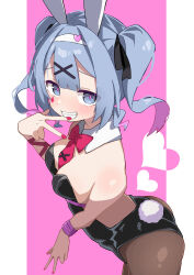 Rule 34 | 1girl, alternate eye color, alternate hair color, animal ears, ass, black leotard, black ribbon, blue eyes, blue hair, blush, bow, bowtie, breasts, cleavage, commentary request, cross hair ornament, detached collar, fake animal ears, fake tail, grin, hair between eyes, hair ornament, hairband, hairclip, hatsune miku, heart, highres, leotard, long hair, looking at viewer, maud0239, medium breasts, multicolored hair, nail polish, necktie, pink background, pink hair, pink pupils, pink wristband, playboy bunny, rabbit ears, rabbit hole (vocaloid), rabbit tail, red bow, red bowtie, red nails, red necktie, ribbon, sidelocks, smile, solo, tail, teeth, twintails, two-tone hair, vocaloid, white hairband