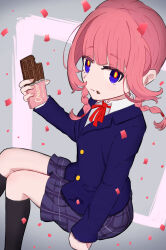 Rule 34 | 1girl, absurdres, black socks, blazer, blue jacket, blunt bangs, braid, checkered clothes, checkered skirt, chocolate, confetti, dress shirt, eating, food, food on face, grey background, highres, holding, holding chocolate, holding food, invisible chair, jacket, kaf (kamitsubaki studio), kamitsubaki studio, kneehighs, long hair, long sleeves, looking at viewer, multicolored eyes, nemo 81612100, pink hair, pink nails, red ribbon, ribbon, school uniform, shirt, sitting, skirt, socks, solo, twin braids, virtual youtuber, white shirt