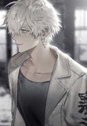 Rule 34 | 1boy, blurry, closed mouth, collarbone, collared jacket, depth of field, earrings, from side, grey shirt, hair over one eye, hogu 051, imaushi wakasa, jacket, jewelry, light, light smile, looking ahead, male focus, messy hair, open clothes, open jacket, purple eyes, shirt, short hair, single earring, solo, tokyo revengers, white hair, white jacket