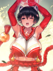 Rule 34 | 1girl, animal ear fluff, animal ears, armpits, arms up, bare shoulders, black eyes, black hair, blue archive, breast curtain, breasts, bubble, collarbone, commentary request, day, elbow gloves, gloves, grass, hair between eyes, half-closed eye, halo, highres, large breasts, leaf, light particles, looking at viewer, lying, midriff, mikel (4hands), on back, on ground, one eye closed, open mouth, outdoors, pleated skirt, red gloves, red sailor collar, red skirt, rope, rope belt, sailor collar, short hair, skindentation, skirt, sleepy, solo, tassel, teeth, tree shade, tsubaki (blue archive), upper body, yawning