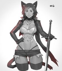 Rule 34 | 1girl, abs, absurdres, animal ear fluff, animal ears, breasts, cat ears, cat girl, cat tail, cowboy shot, gloves, greatsword, grey background, greyscale, hand on own hip, highres, less, long sleeves, looking at viewer, medium breasts, monochrome, navel, original, short hair, short shorts, shorts, simple background, smile, solo, standing, sword, tail, thighhighs, weapon