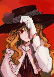 Rule 34 | 1girl, absurdres, blonde hair, brown headwear, brown vest, collared shirt, commentary request, expressionless, frilled hairband, frilled hat, frilled sleeves, frills, hairband, hat, highres, jacket girl (dipp), long hair, long sleeves, neck ribbon, red background, red eyes, red ribbon, ribbon, shirt, solo, touhou, uzumibi, very long hair, vest, wavy hair, white shirt